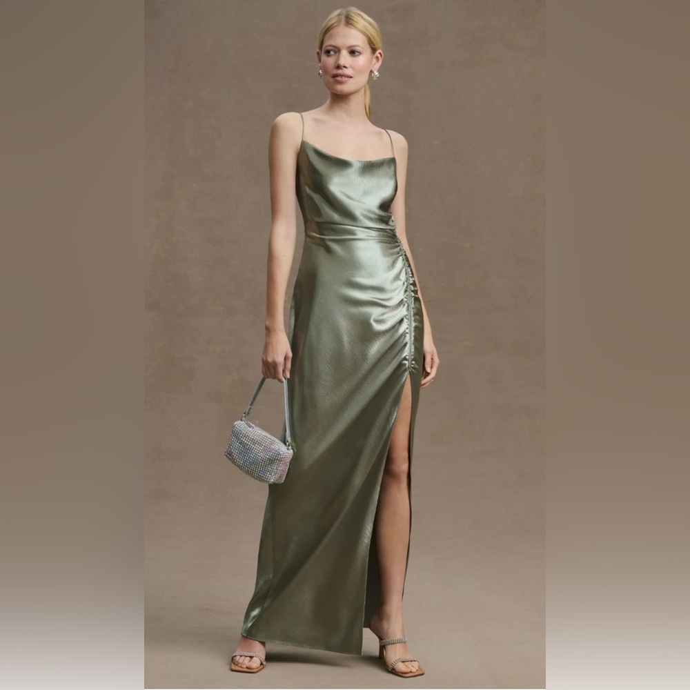 Sachin & Babi Jennings Ruched Hammered Satin Side-Slit Gown